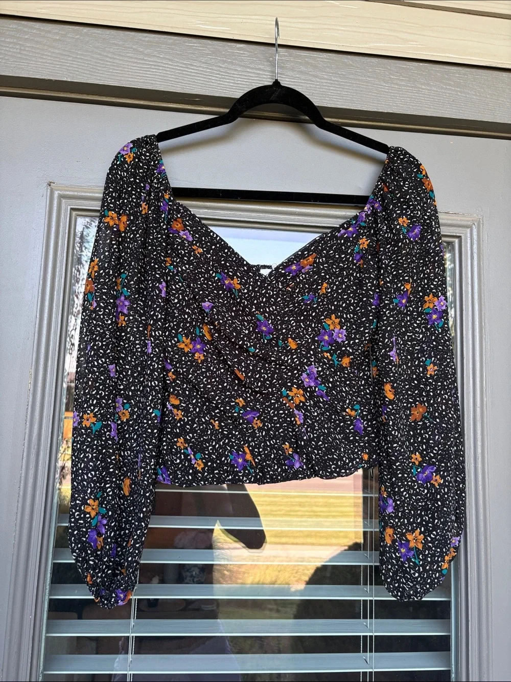 Astr Black Floral V-Neck Long Sleeve Blouse with Orange and Purple Accents